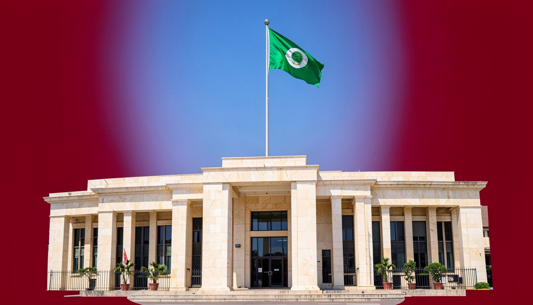 A formal government building facade in Abuja, pale sandstone tones, Nigerian flag flying against a clear blue sky