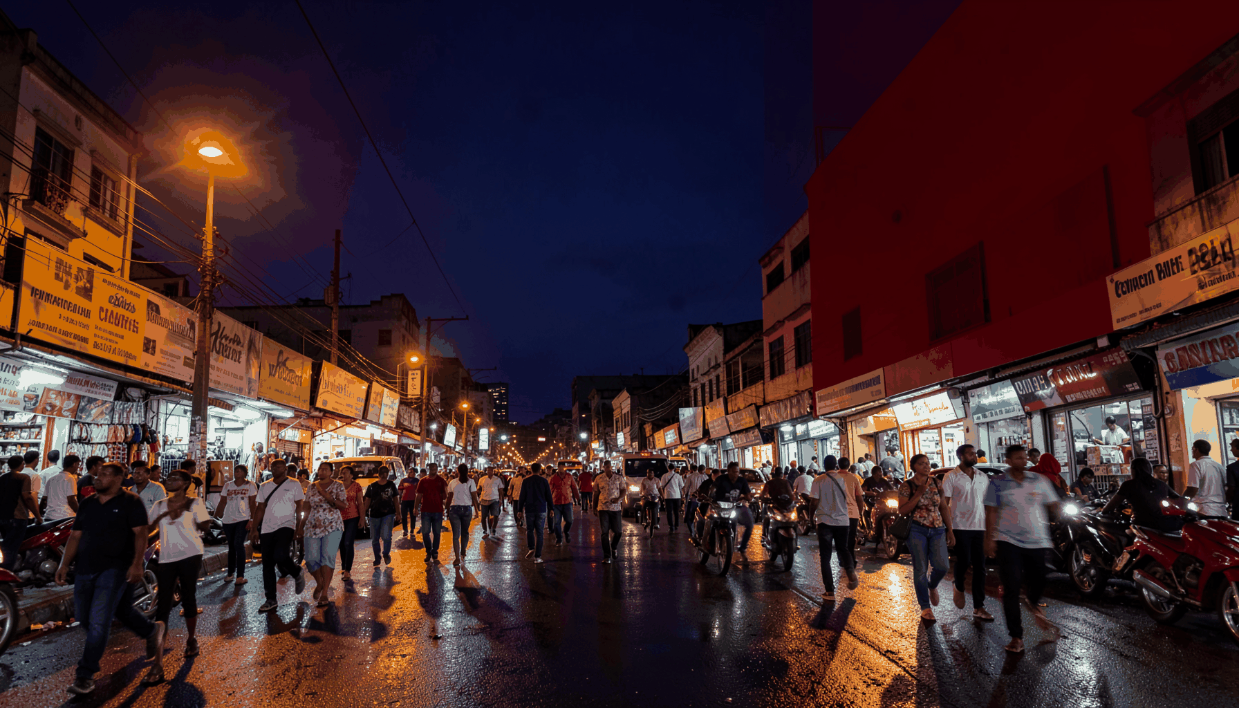 A wide-angle photograph of a bustling Nigerian city street at dusk, warm amber streetlights reflecting off wet pavement
