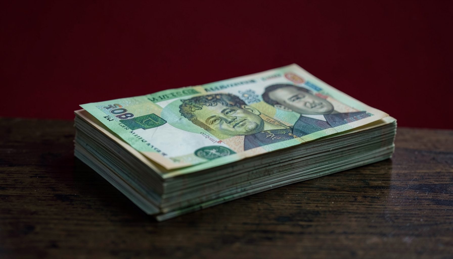 A stack of Nigerian naira banknotes on a dark wooden surface, muted green and brown tones, soft directional light