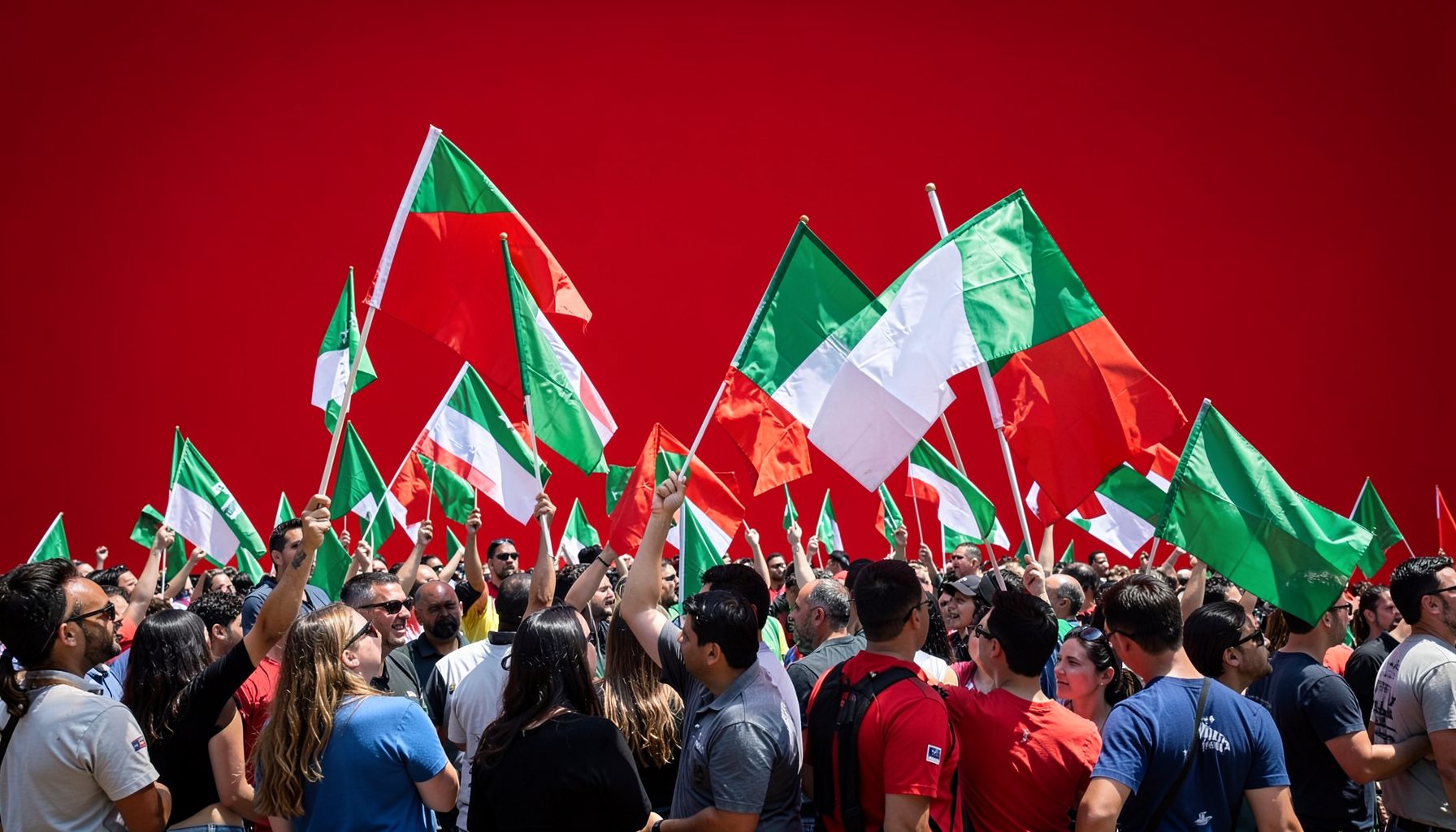 A crowd of supporters waving green, white, and red flags at a political rally under a bright sky.